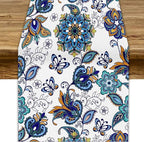 Oriental Paisley Table Runner, Luxury Vintage Blue Teal Floral Butterflies Print Table Runner for Home Dining Kitchen Coffee Table Party Decor, 13x120inch