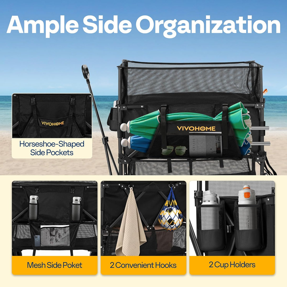 VIVOHOME 500L Large Capacity Double Decker Collapsible Wagon 500lbs Heavy Duty Utility Folding Cart with Big Wheels 53" Extended for Camping, Sports