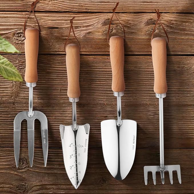 Heavy Duty Garden Tool Set, Stainless Steel Graduated Shovel, Hand Fork, Hand Rake, Transplant Shovel with Scale, 4Pcs Heavy Duty Hand Tools Set for Garden Planting (Garden Hand Tool Set)