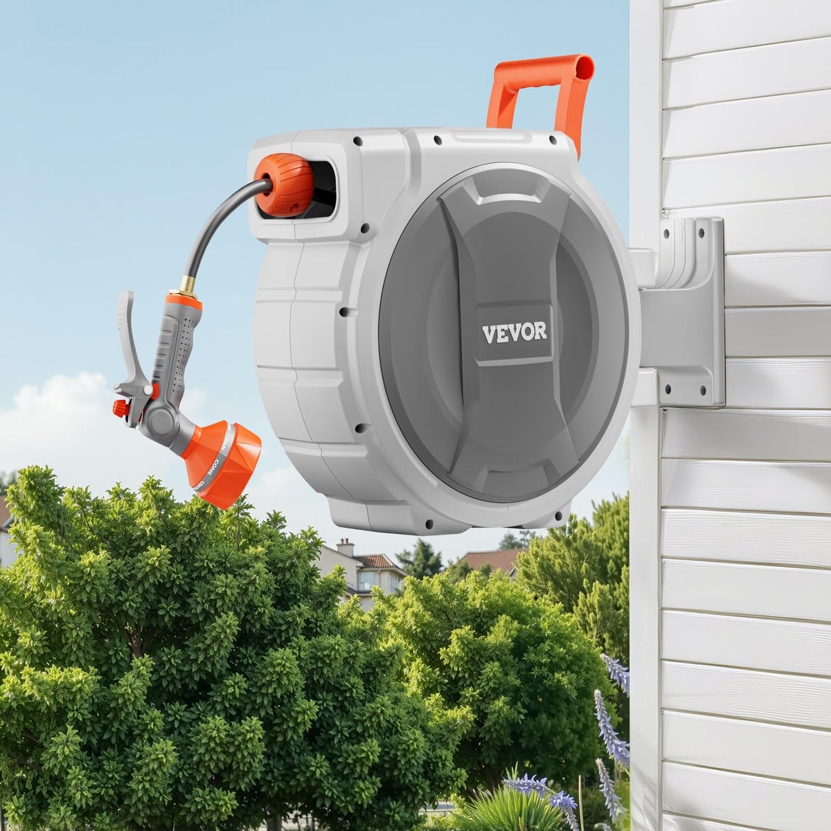 VEVOR Retractable Garden Hose Reel, 1/2 Inch x 84 ft Wall Mounted Heavy Duty Garden Hose Reel with 9 Patterns Nozzle, Any Length Lock, Upgraded Slow Return System and 180°Swivel Bracket