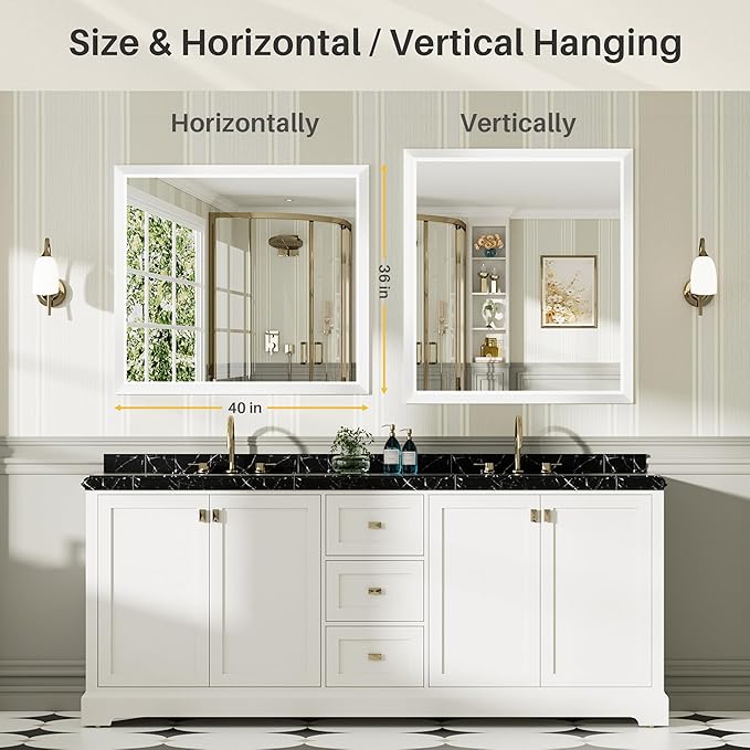 40x36 Inch White Bathroom Mirror for Wall, Thick Metal Framed Rectangle Mirrors for Over Sink, Bedroom, Living Room, Entryway, Anti-Rust, HD Tempered Glass