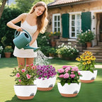 Vanslogreen Plant Pots 12inch Self Watering Pots, Set of 2 Plastic Planters with Drainage Holes and Saucers, Flower Pots for Indoor Outdoor Plants (White)