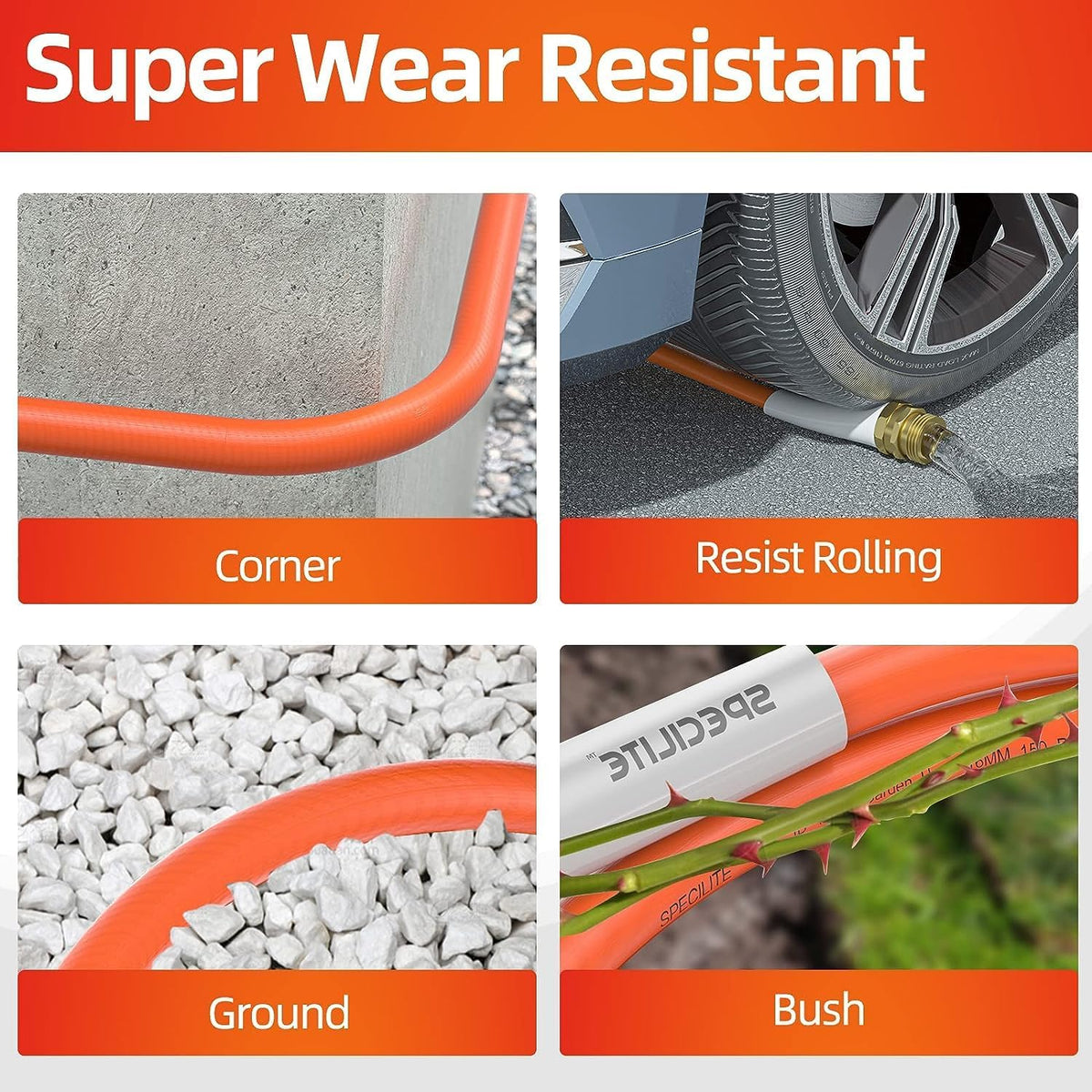 SPECILITE Garden Water Hose 200 ft x 5/8 in Heavy Duty, Flexible and Lightweight, Burst 600 psi, Kink-less Hybrid Rubber Pipe for Backyard, 3/4'' Brass Fittings, Orange