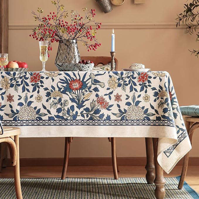 patdrea Designer Blue Tablecloth for Rectangle Table,Vintage Linen with Leaves and Floral Pattern Long Tablecloths,Farmhouse Decor Cover for Kitchen Dining Christmas,Thanksgiving,63"x102"-Ivar a