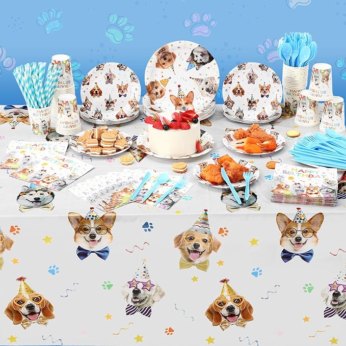 452 Pcs Dog Birthday Party Decorations for 50 Guests Include Dog Paper Plates Napkins Cups Tablecloth Cutlery Straws Puppy Party Tableware for Puppy Theme Birthday Supplies