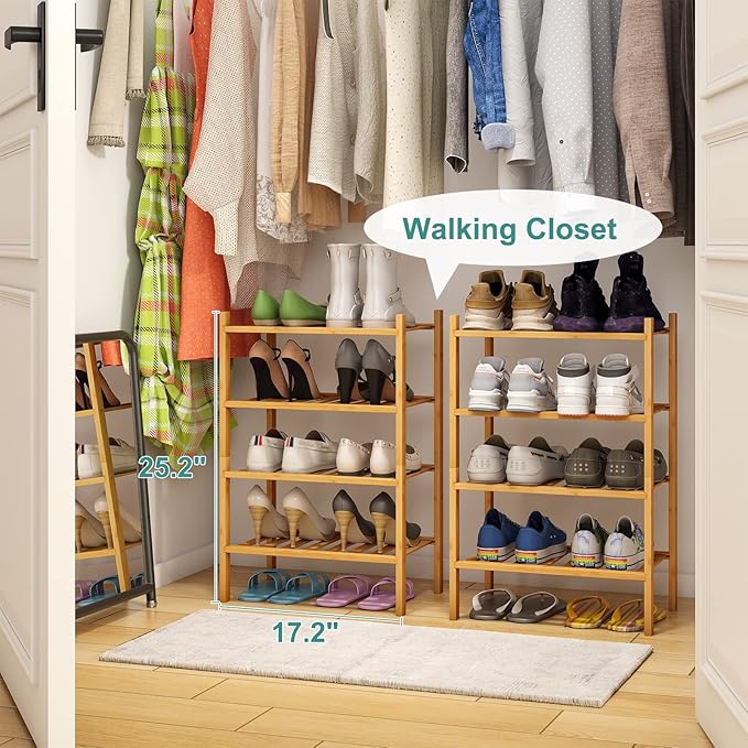 Small Shoe Rack, 4-Tier Rack for Entryway, Bamboo Wood Shoe Shelf for Closet & Hallway, Long 17 in | Beautiful | Functional | Sturdy | Durable