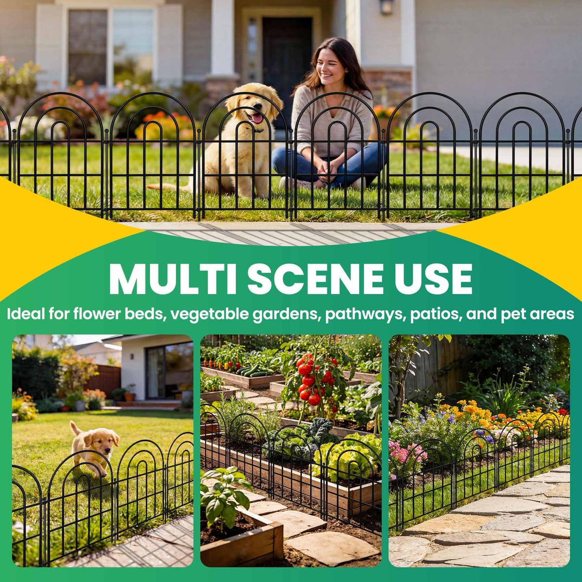 ArdeFentium Garden Fence Panels – 17"(H)x 10.83ft Arched Fencing with Tool-Free Install, Metal Fence Panels Rustproof Outdoor Barrier for Yard, Patio, Flower Beds, Dog Barrier, Decor and Garden Edging