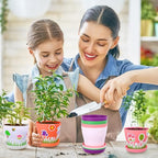 Domensi 12 Pack Garden Pot Craft Kit 4 Inch DIY Spring Crafts for Kids Bulk Plastic Flower Plant Pot Plastic Planter with Tray Drainage Holes with Tag, Certificate of Award, Sticker (Multicolor)