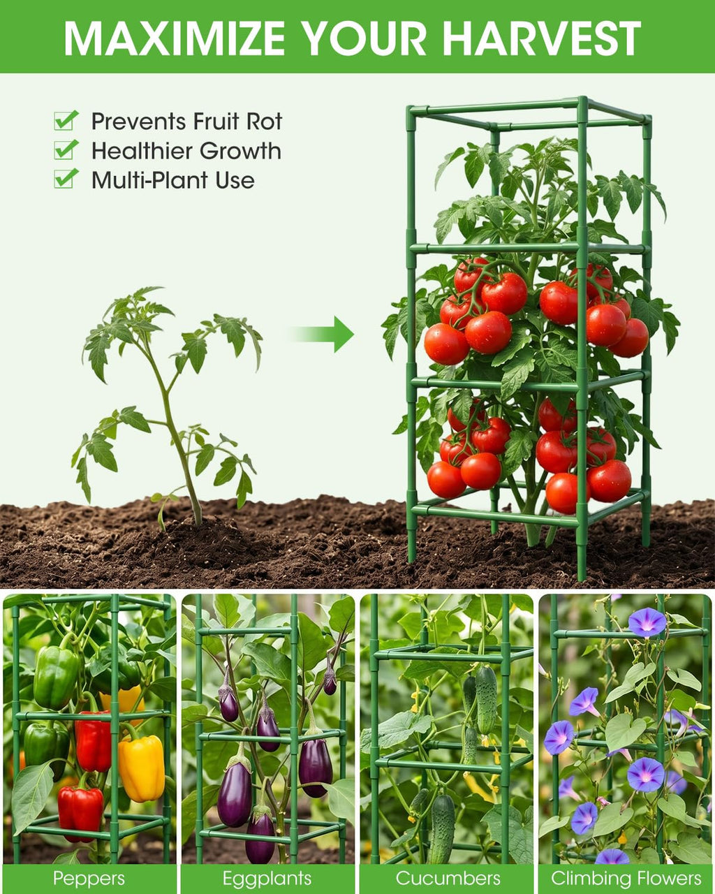 MQHUAYU 3 Pack Tomato Cages,Square Tomato Plant Stakes Support Cages Trellis for Garden Climbing Vegetables Flowers Fruits,Extra Bold