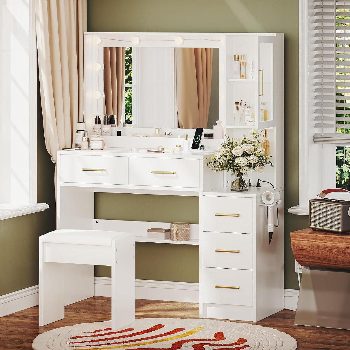 TOKSOM Makeup Vanity with Lights & Charging Station, White Vanity Table with 5 Drawers & Open Storage Shelves, Bedroom Makeup Dressing Table Set for Women Girls