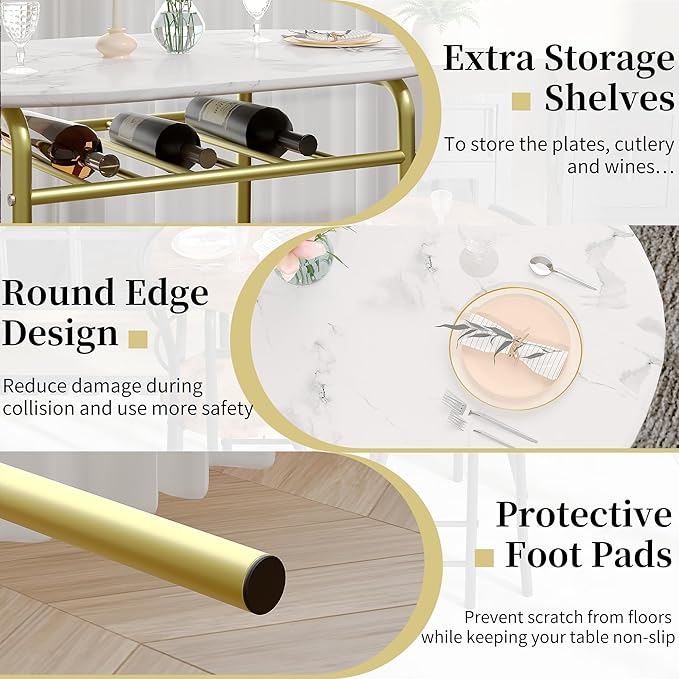 VECELO 3-Piece Dining Table Set for Kitchen Breakfast Nook, Wood Grain Oval Tabletop and Metal Frame with Built-in Wine Rack, for Small Spaces, White & Gold