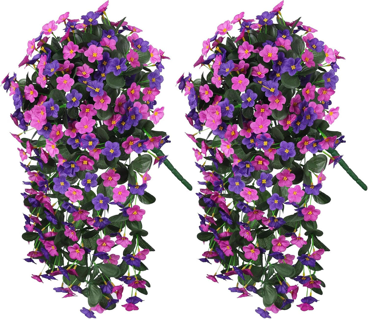 Artificial Fake Hanging Flowers Plants Vines for Outdoor Summer Decoration, 2PCS Faux Silk Orchid Long Stems Look Real UV Resistant for Home Outside Garden Wall Indoor(Dark Purple and Fuchsia)