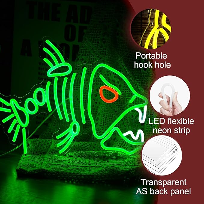 Fish Neon Sign LED Skeleton Fish Neon Light for Wall Decor Dimmable Green Fish Bones Light Up Sign for Living Room Game Room Restaurant Man Cave Art Wall Decoration (16.7 ''*12.8 '')