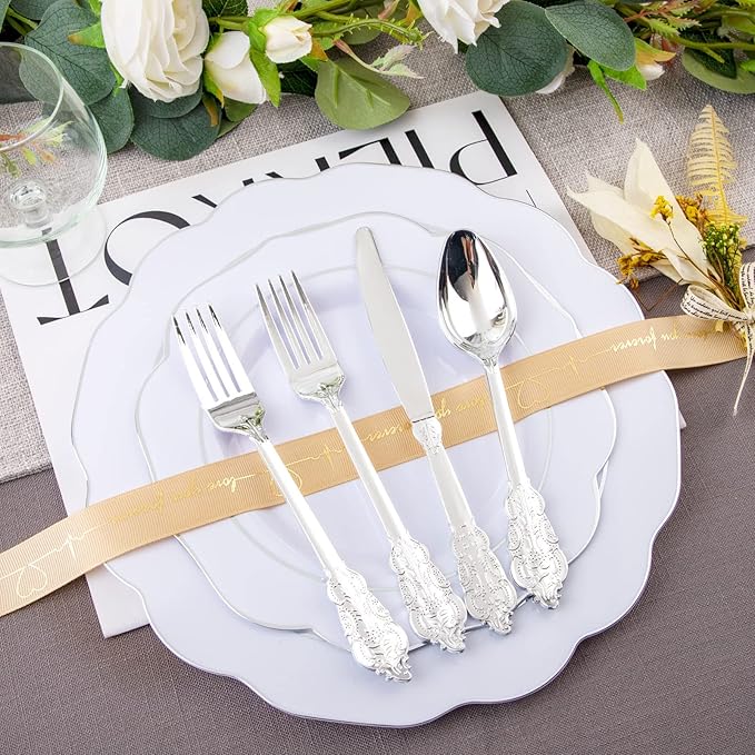 NOCCUR 175pcs Silver Plastic Plates - Silver Rim Plastic Tableware Include 25 Dinner/Dessert Plates, 25 Forks, 25 Knives, 25 Spoons for Wedding/Party/Christmas