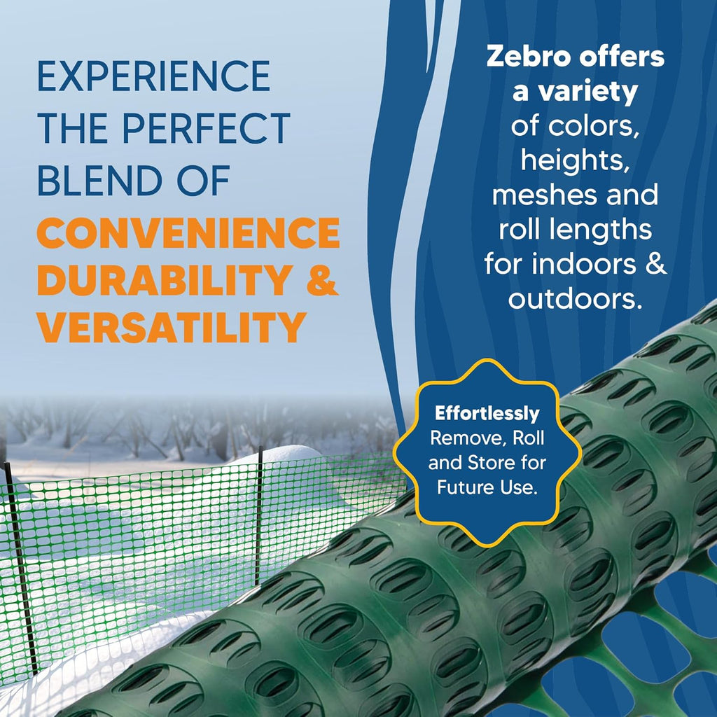 ZEBRO 4' x 100' Green Plastic Garden Fence Roll – Light Duty Mesh Fencing for Temporary Fence, Snow, Garden Netting, Animal Barrier, Agricultural Fencing & Lawn Protection