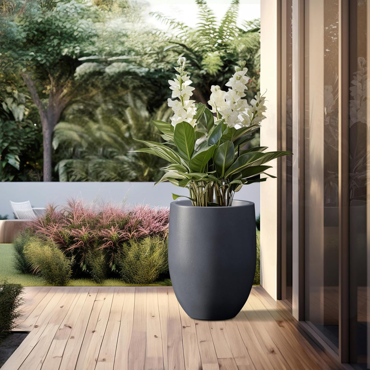 Kante 21.7" H Dark Gray Concrete Tall Planter, Large Outdoor Indoor Decorative Pot with Drainage Hole and Rubber Plug, Modern Round Style for Home and Garden