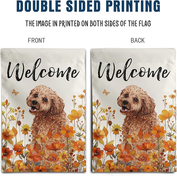 Floral Golden Doodle Garden Flag Fall Yard Flag Wildflower Dog Garden Flags Orange Autumn Lawn Flags Welcome Thanksgiving Outdoor Flags for Outside 12x18 Double Sided Small