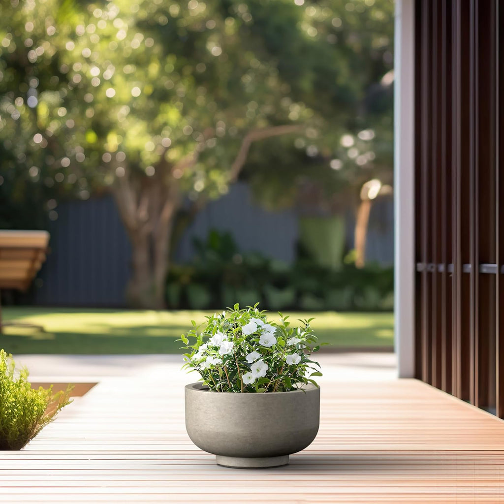Kante 13.8 Inch Dia Concrete Bowl Planter, Large Tapered Bottom Plant Pot with Drainage, Smooth Weathered Concrete Finish with Warm Brown Interior, Ideal for Porch, Home, Garden, Patio