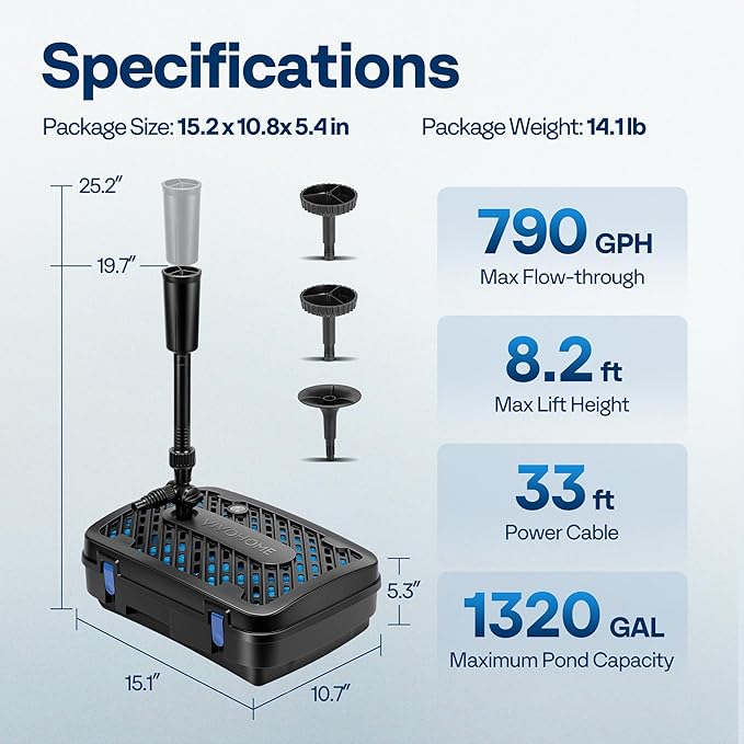 VIVOHOME All-in-One Pond Filter Fountain System Kits, 790 GPH Submersible Water Pump for Ponds up to 1320 Gallons