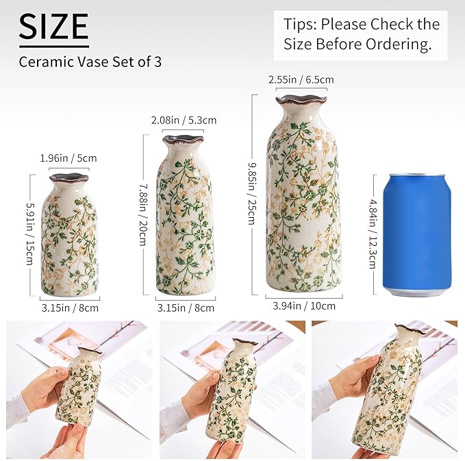 Ceramic Vase Set of 3, Vintage Green and Beige Vases Set, Flower Rustic Chinoiserie Vases Floral Grand Millennial Farmhouse Decor Vase for Home Decor, Living Room, Kitchen, Bedroom, Bookshelf