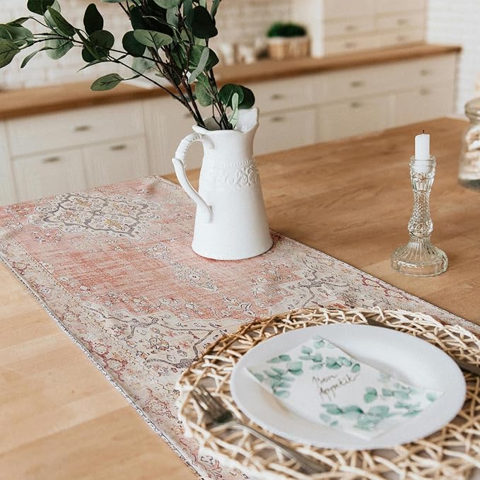 Snycler Table Runner Boho Table Runners Vintage Elegant Farmhouse Table Center Linen Decor for Home Dining Party Entrance (13x72 Inch) Light Pink