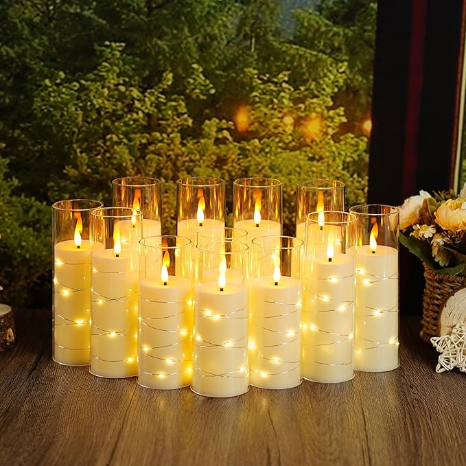 Flameless Candles with Embedded Star String - Battery Operated LED Candles, with Remote,12 Ivory Flickering Candles for Christmas, Weddings, Home Decor & Party,(D 2.3"×H 5" 6" 7")
