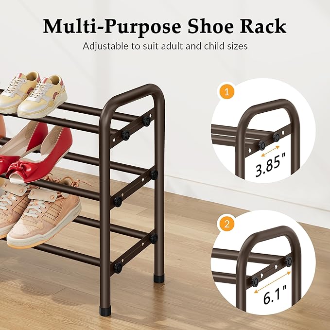 3 Tier Shoe Organizer, Shoe Rack for Closet, 28“ Metal Shelf Can Expandable to 42“, for Bedroom, Entryway, Closet, Garage, Adjustable to 18 Pairs Shoes, Brown