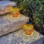 Outdoor Solar Hanging Lantern Lights Metal LED Decorative Lamp for Garden Patio Courtyard Lawn and Table with Hollowed-Out Design (Sunset Blaze)
