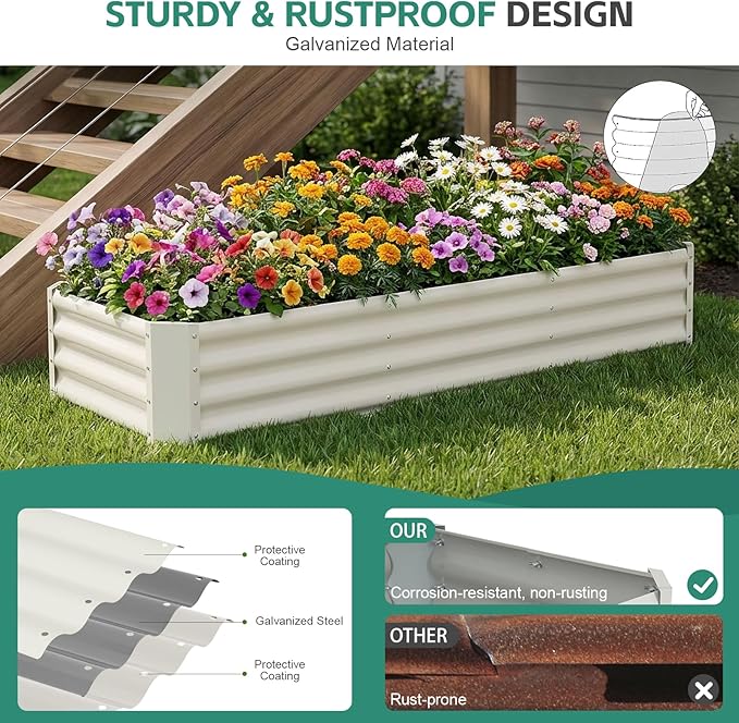 Galvanized Raised Garden Bed - 6x2x1ft (2Packs) Metal Garden Planter Box Outdoor | Steel Raised Bed Kit with Bracing Rods, Gloves for Gardening Vegetables Fruits and Flowers (White)