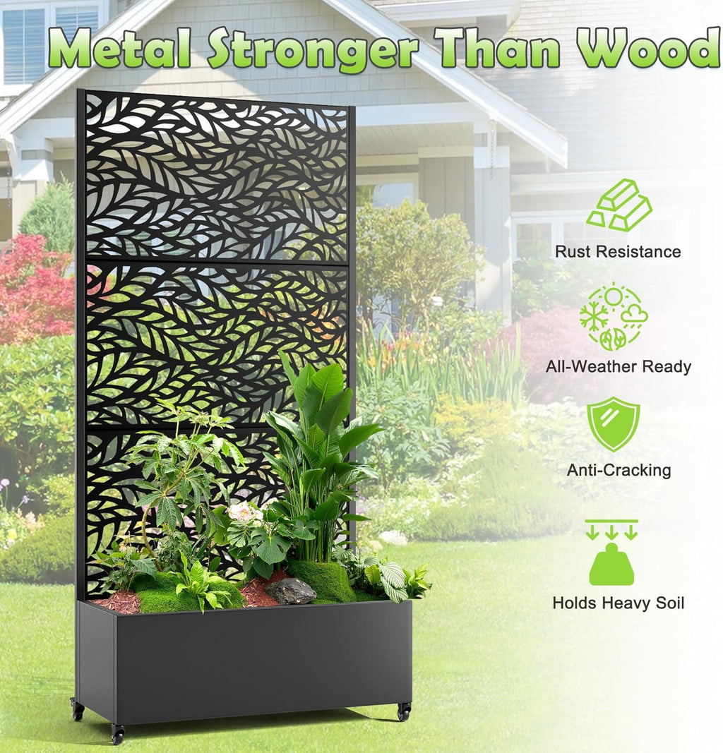 15.7"×70.9"×35.4" Metal Raised Garden Bed with Trellis and Wheels - Tall Trellis Planter Box for Climbing Plants, Vegetables & Vines - Outdoor Privacy Planters for Patio (Black-Spring)
