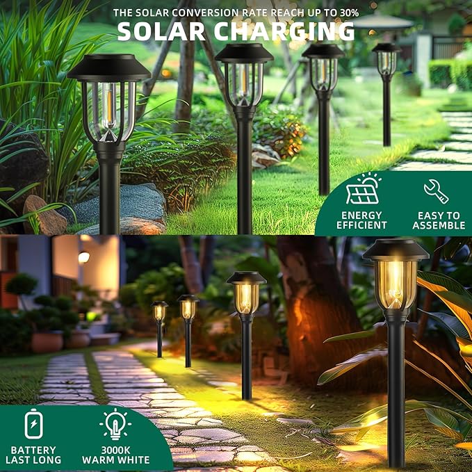 12 Pack Solar Lights Outdoor, Solar Pathway Lights Waterproof Auto On/Off Powered, Warm White Landscape Lighting for Path, Yard, Walkway, Driveway, Garden 3000K