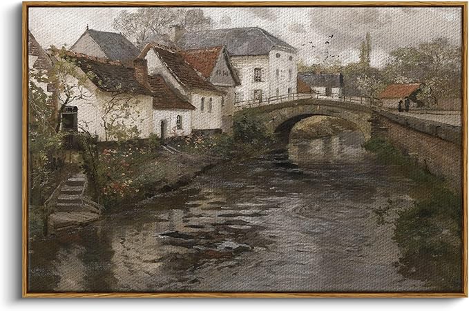 InSimSea Framed Canvas Wall Art Vintage Decor, Riverside Small Town Large Canvas Prints Home Decor, Rustic Farmhouse Hanging Wall Decor for Bedroom Living Room, 24"x36"