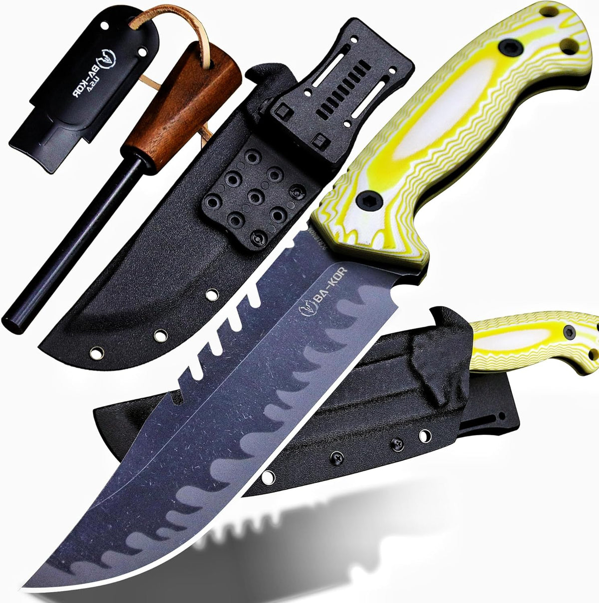 BA-KOR 12.4in Full Tang Fixed Blade Hunting Knife – 6mm 9CR18MoV Steel, G10 Handle, Stonewashed Sawback Blade with Kydex Sheath & Fire Starter for Outdoor, Camping, Survival (White and yellow stripes)