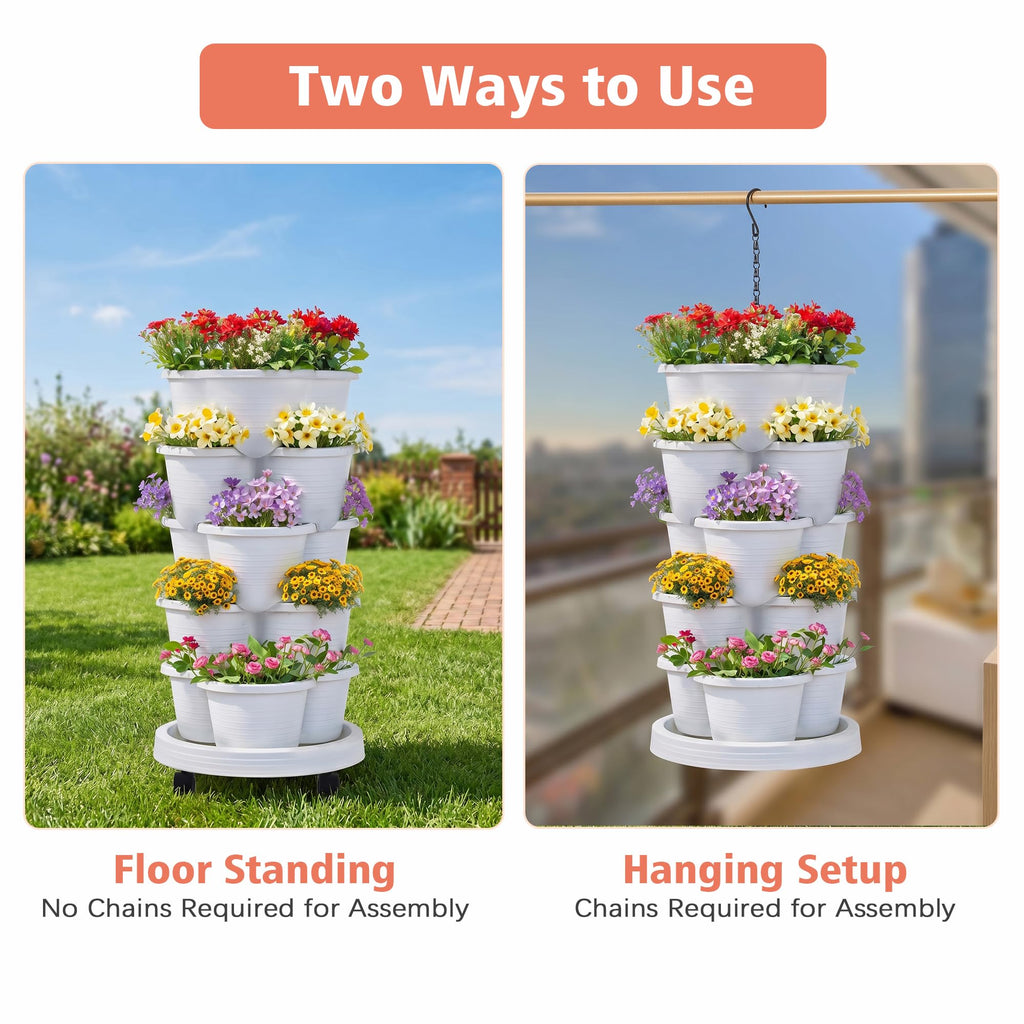 VECELO 5 Tier Vertical Garden Planter, Self Watering Stackable Planters with Wheels for Strawberries, Herbs, Flowers, Vegetables, White