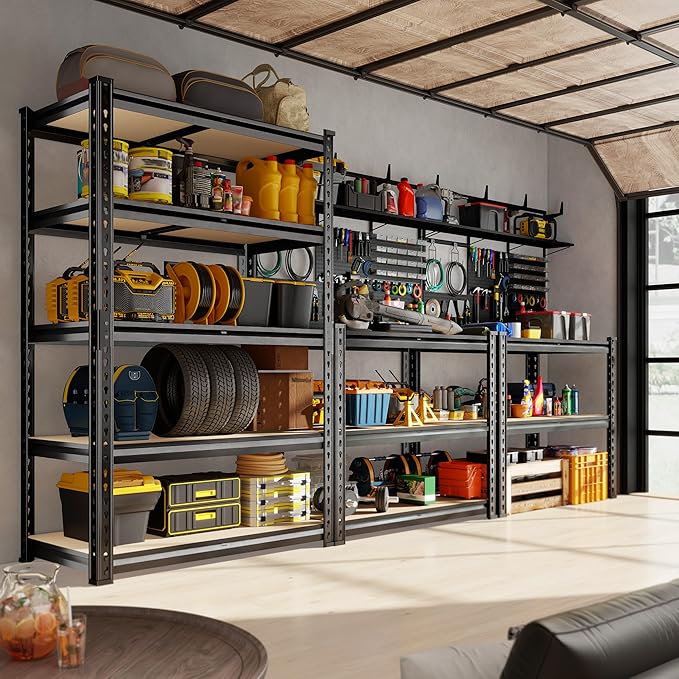 72.12" H Garage Shelving, Storage Shelves Load 2100LBS, 5-Tier Adjustable Shelving Unit with Thickened Wooden Boards for Multiple Scenarios, 72.12" H x 35.55" W x 11.85" D, Black