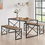 VECELO Kitchen Dining Table Set for 4 to 6, 55" Wood Dinette 2 Benches with Metal Frame for Dinner Breakfast Nook and Small Space, Brown