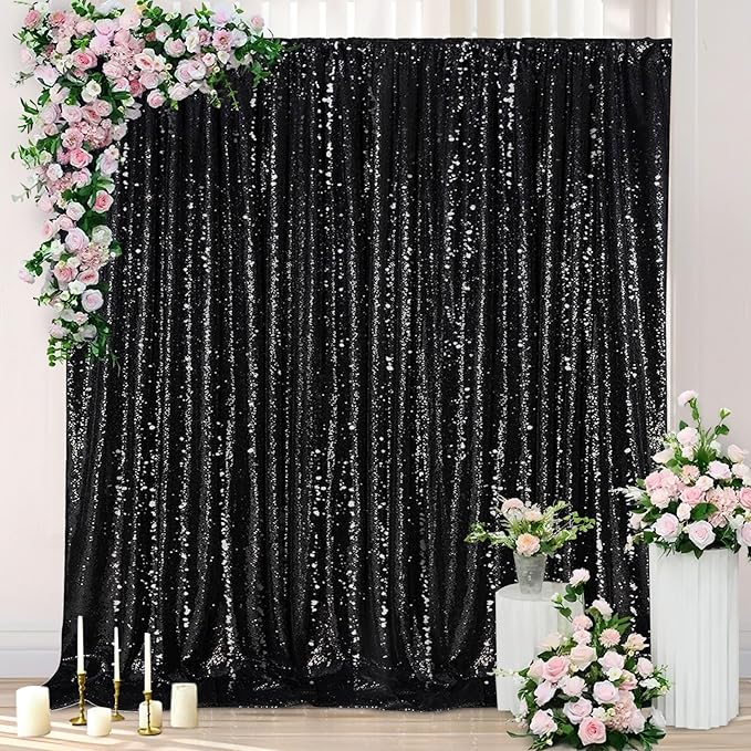 Black Backdrop for Halloween Decorations: Sequin Photo Curtains 10ft x 10ft Glitter Fabric for Wedding Party Baby Shower