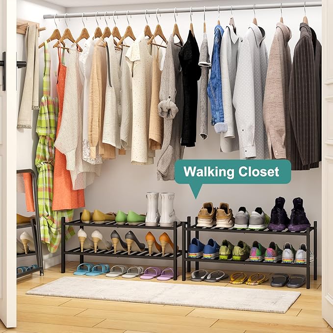 2-Tier Black Bamboo Shoe Rack for Entryway, Stackable | Foldable | Natural, Shoe Shelf Storage Organizer for Hallway Closet, Free Standing Shoe Racks for Indoor Outdoor