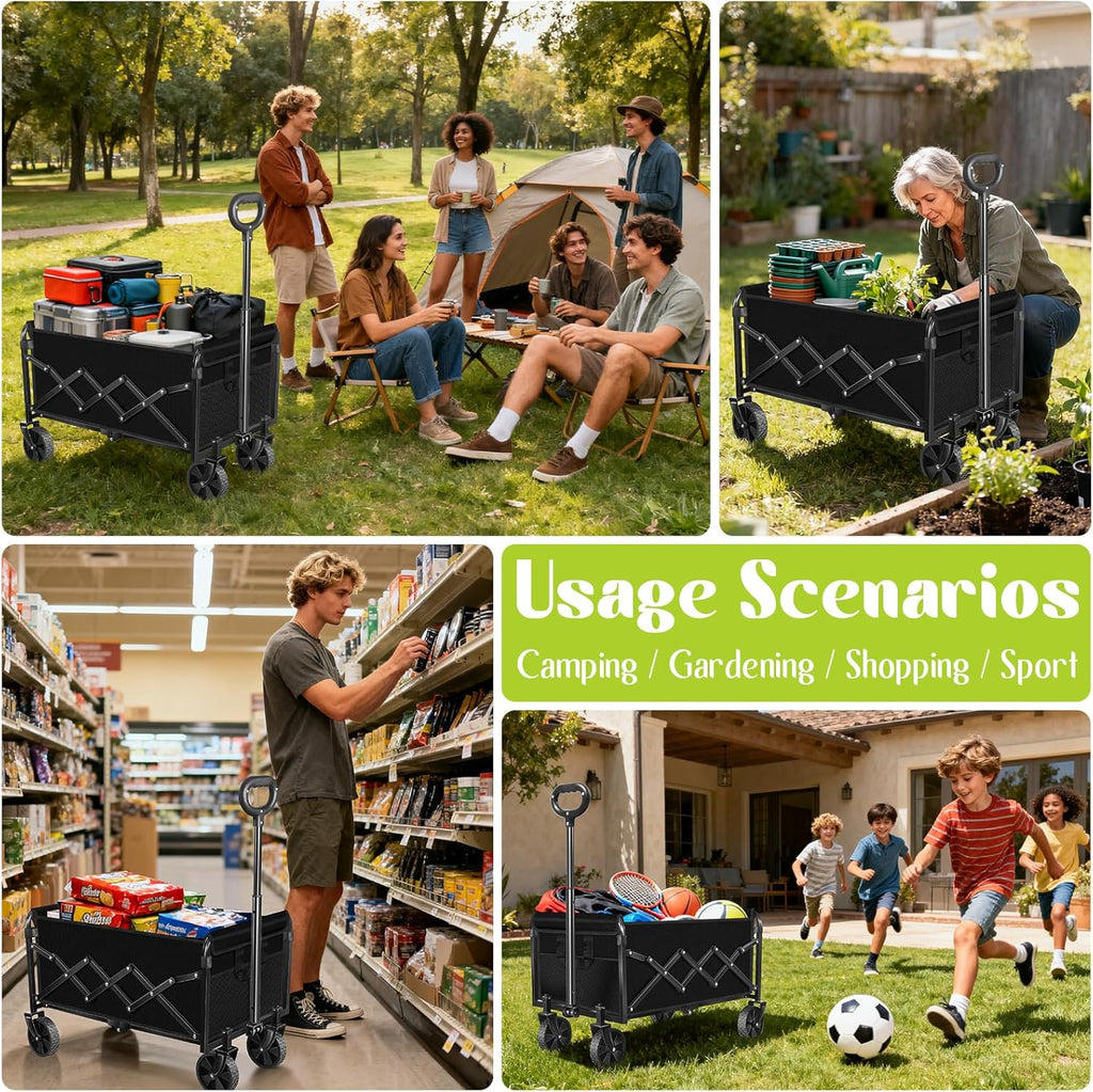 Wagons Carts Foldable, Collapsible Wagon with Wheels, Folding Wagons carts for Camp Sports Garden, Portable Utility Outdoor Wagon with 360lbs, Garden Cart for Groceries, Two Cup Holder, Black