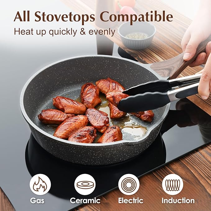 SENSARTE Nonstick Skillet, Deep Frying Pan 10/11/12-inch, Saute Pan with Lid, Stay-cool Handle, Healthy Stone Cookware Cooking Pan, Induction Compatible (10-Inch/3.5QT)