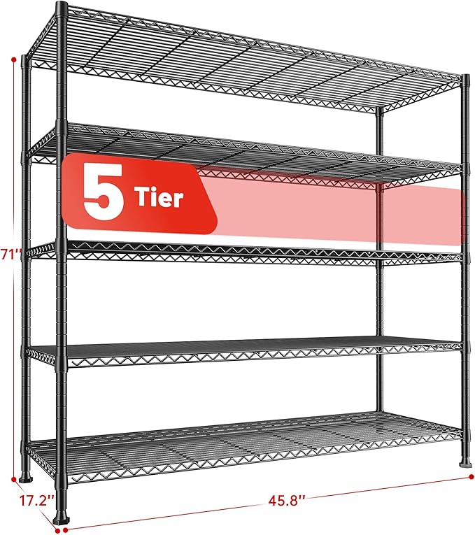 REIBII 45.8''W Wire Shelving Unit, 5 Tier Storage Shelves Adjustable Metal Shelving for Kitchen Pantry Office Wire Rack for College Dorm School, 45.8" W x 71" H x 17.2" D
