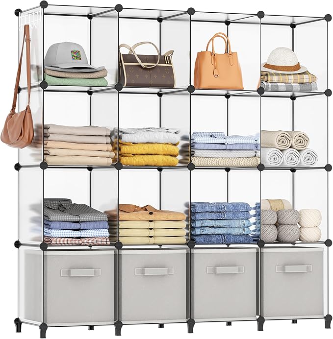 HOMIDEC Closet Organizers and Storage, 16 Cube Storage Organizer, Closet Organizer Bookshelf Cubes Shelves for Clothes, Bedroom, Kids Room, Bathroom, Wardrobe, Garment Racks, Transparent