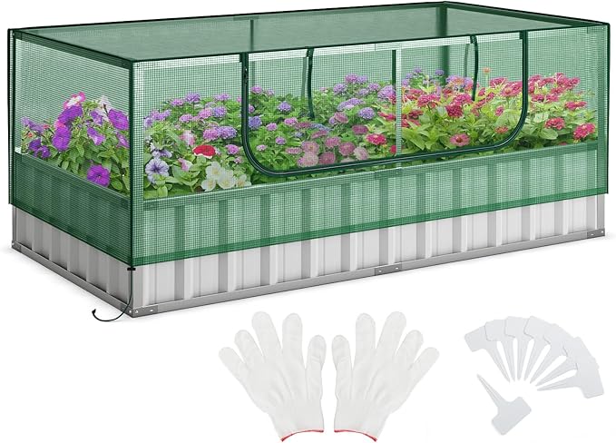 S AFSTAR Galvanized Raised Garden Bed with Greenhouse, 69” x 36” x 28” Bottomless Flower Bed w/Large Roll-up Window, 8PCS T Tags & Gloves, Outdoor Rectangular Planter Box Kit for Herb Vegetable Fruit