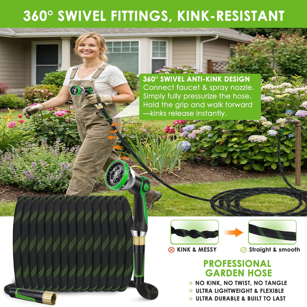 HORTICORA Garden Hose 100 ft, Non-Expandable Ultra-Lightweight Flexible Hose with 360° Dual-End Anti-Kink Design, 10-Pattern Spray Nozzle, 500 PSI Leak-Proof, 96-Strand Braided Fabric, Storage Strap