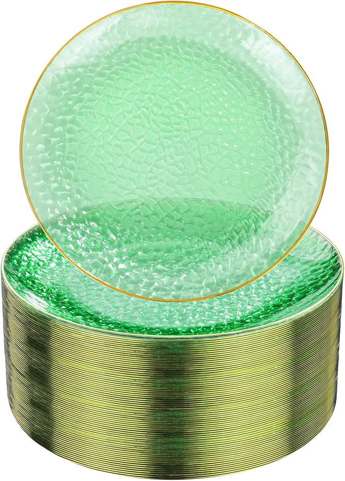 Rubtlamp 100 Pcs Green And Gold Plastic Plates - 10 inch Clear Green Gold Dinner Plates - Hammer Pattern Design - Fancy Disposable Platos - Heavy-Duty Party Platos Ideal for Wedding