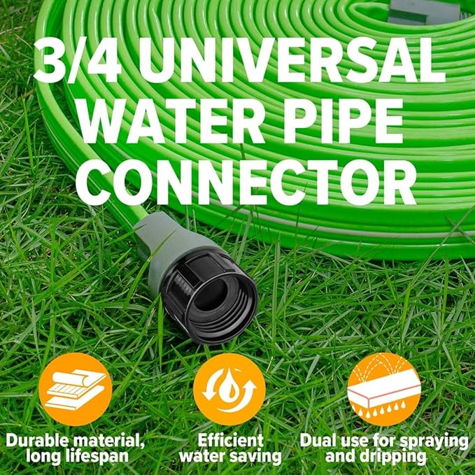 LAVEVE Heavy Duty Sprinkler Soaker Hose 100 FT, Flat Garden Hose with Holes, Efficient Flexible Irrigation Hose for Yard, Lawn and Garden, Includes Stakes (25FT x 4Pack)