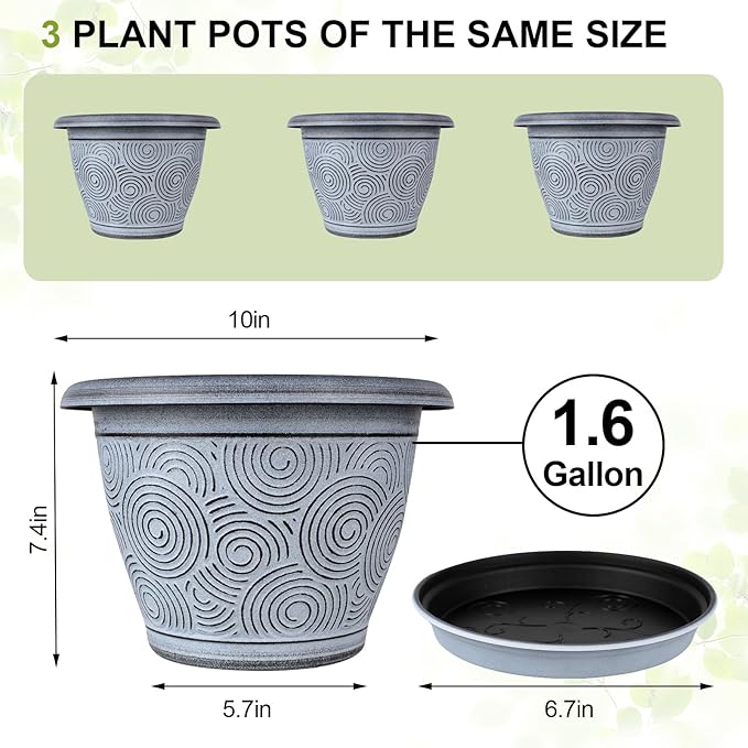 10 Inch Flower Pots Planters for Indoor Outdoor Plants, 3 Pack Plastic Large Plant Pots with Drainage Hole & Tray, Modern Decorative Garden Pot with Saucer, Plant Container for House