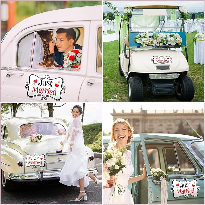 2 Pcs Large Just Married Car Decorations Just Married Car Magnets Sign Decoration 13.9 x 8.8 Inch Honeymoon Rear Tailgate Magnet Stickers for Wedding Door Panel Refrigerator(Black and Red)