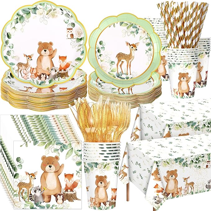 452 Pcs Woodland Party Decoration for 50, Woodland Animal Baby Shower Paper Plates Napkins Cups Tablecloth Cutlery Straws for Forest Wild Safari Birthday Gender Reveal Party Supplies