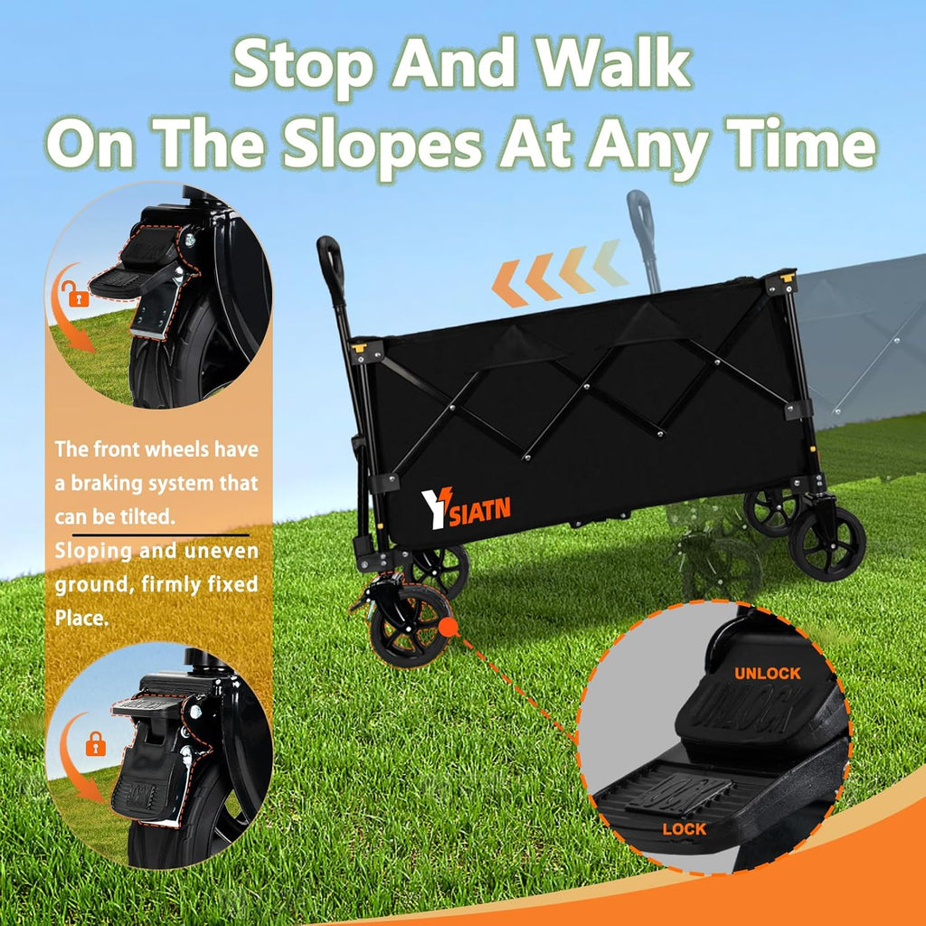 Collapsible Wagon Cart with Wheels Foldable, Folding Wagons Carts with All Terrain Wheels, Large Grocery Cart On Wheels, Heavy Duty Utility Wagon for Shopping Beach Sports Fishing Camping, 130L, Black